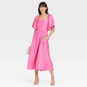 A New Day Pink Flutter Sleeve Tie-Back Midi Dress